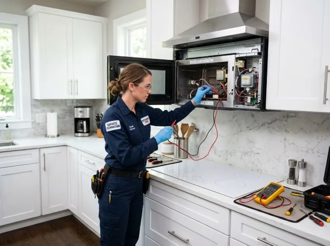 Appliance Repair Hero technician testing an over-the-range microwave in a Bradfordsville, KY kitchen